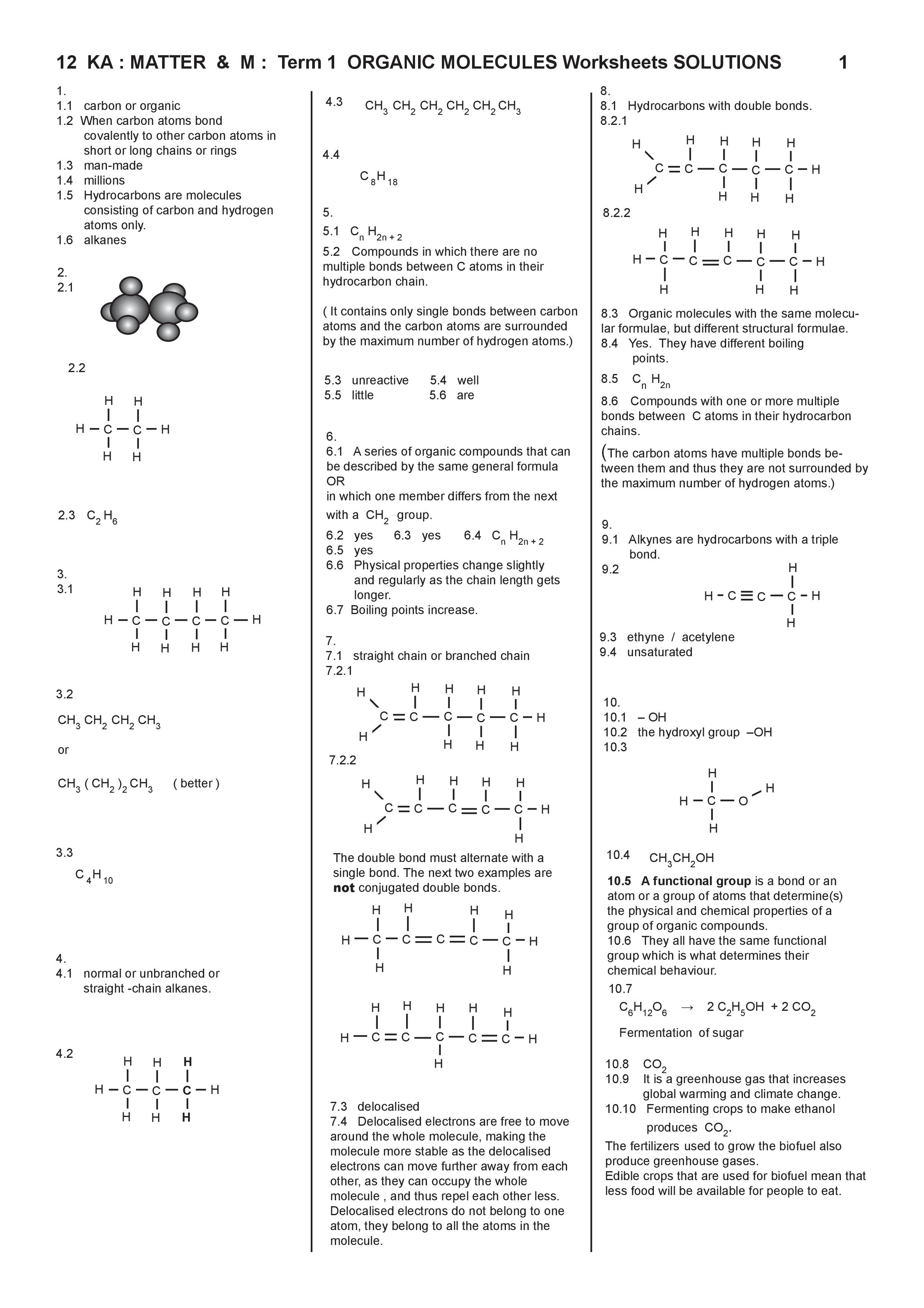Grade 20 Organic Chemistry - Notes Pertaining To Organic Compounds Worksheet Answers
